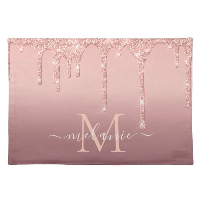 Monogram Name Text Rose Gold Blush Glitter Sparkle Cloth Placemat (Front)