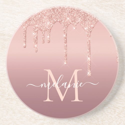 Monogram Name Text Rose Gold Blush Glitter Sparkle Coaster