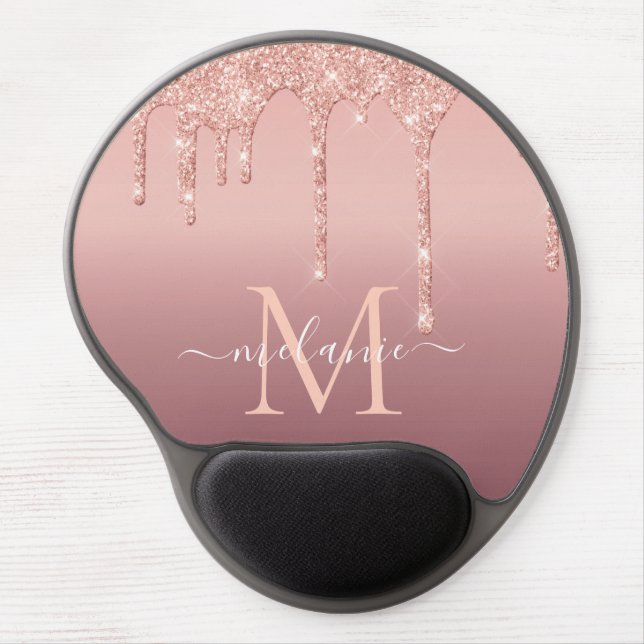 Monogram Name Text Rose Gold Blush Glitter Sparkle Gel Mouse Pad (Front)