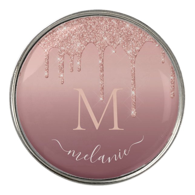 Monogram Name Text Rose Gold Blush Glitter Sparkle Golf Ball Marker (Front)