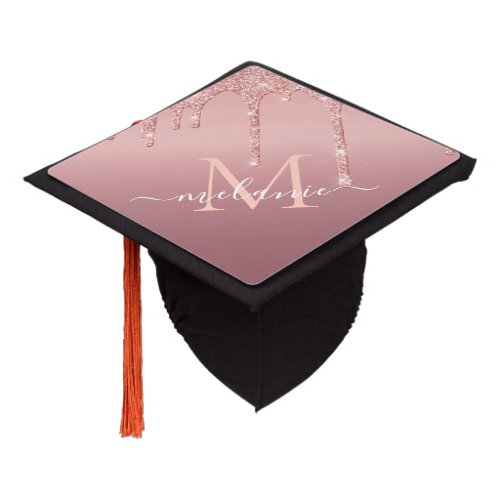 Monogram Name Text Rose Gold Blush Glitter Sparkle Graduation Cap Topper