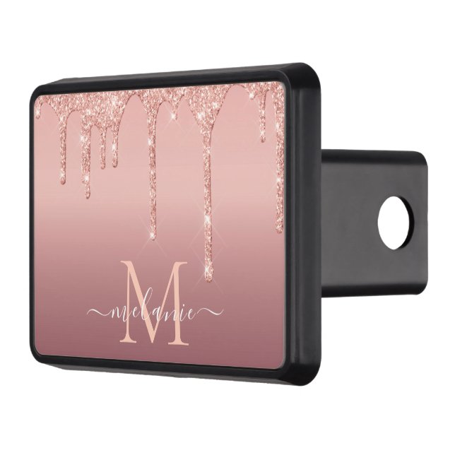 Monogram Name Text Rose Gold Blush Glitter Sparkle Hitch Cover (Left)