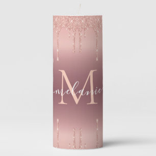 Monogram Name Text Rose Gold Blush Glitter Sparkle Pillar Candle