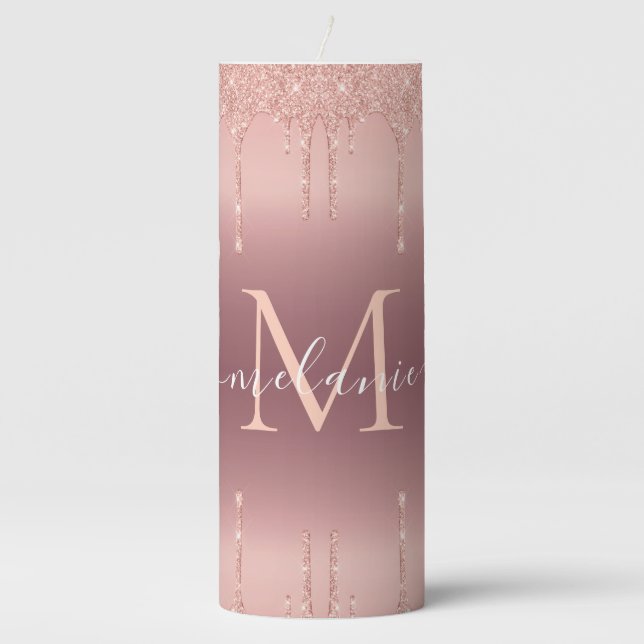 Monogram Name Text Rose Gold Blush Glitter Sparkle Pillar Candle (Front)