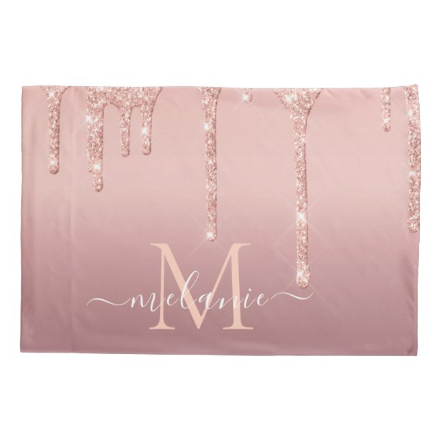 Monogram Name Text Rose Gold Blush Glitter Sparkle Pillow Case (Back)