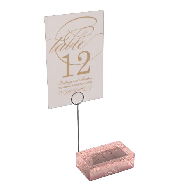 Monogram Name Text Rose Gold Blush Glitter Sparkle Place Card Holder (Corner)