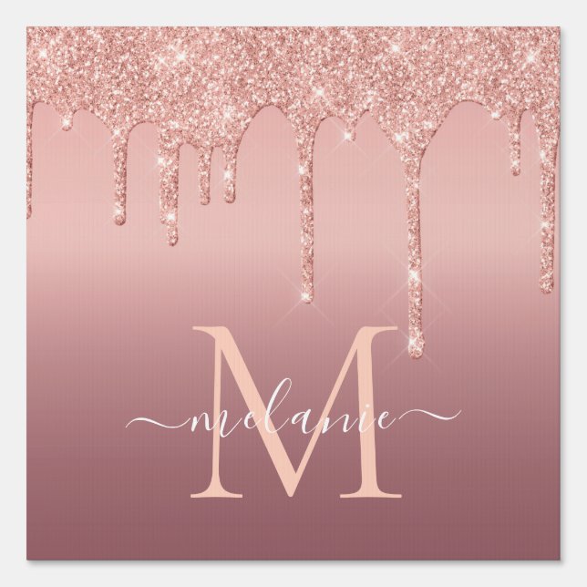 Monogram Name Text Rose Gold Blush Glitter Sparkle Sign (Front)