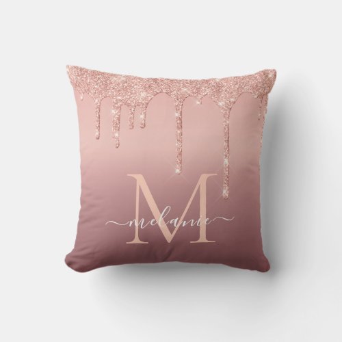 Monogram Name Text Rose Gold Blush Glitter Sparkle Throw Pillow