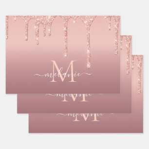Monogram Name Text Rose Gold Blush Glitter Sparkle Wrapping Paper Sheets