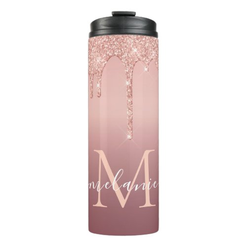 Monogram Name Text Rose Gold Blush Glitter Thermal Tumbler