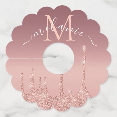 Monogram Name Text Rose Gold Blush Glitter  Wine Glass Tag