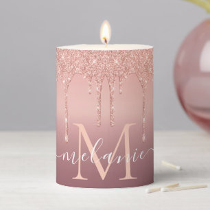 Monogram Name Text Rose Gold Blush Sparkle Candle