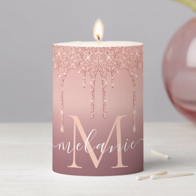 Monogram Name Text Rose Gold Blush Sparkle Candle (In Situ)