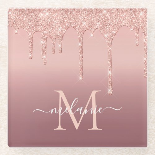 Monogram Name Text Rose Gold Glass Coaster