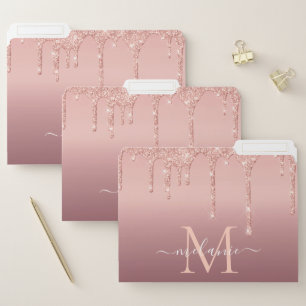 Monogram Name Text Rose Gold Glitter File Folder