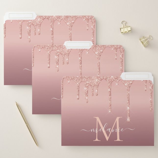 Monogram Name Text Rose Gold Glitter File Folder (Set)