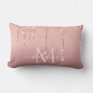 Monogram Name Text Rose Gold Glitter Lumbar Pillow