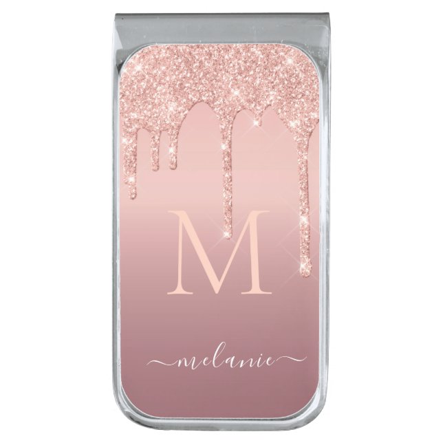 Monogram Name Text Rose Gold Glitter Money Clip (Front Vertical)
