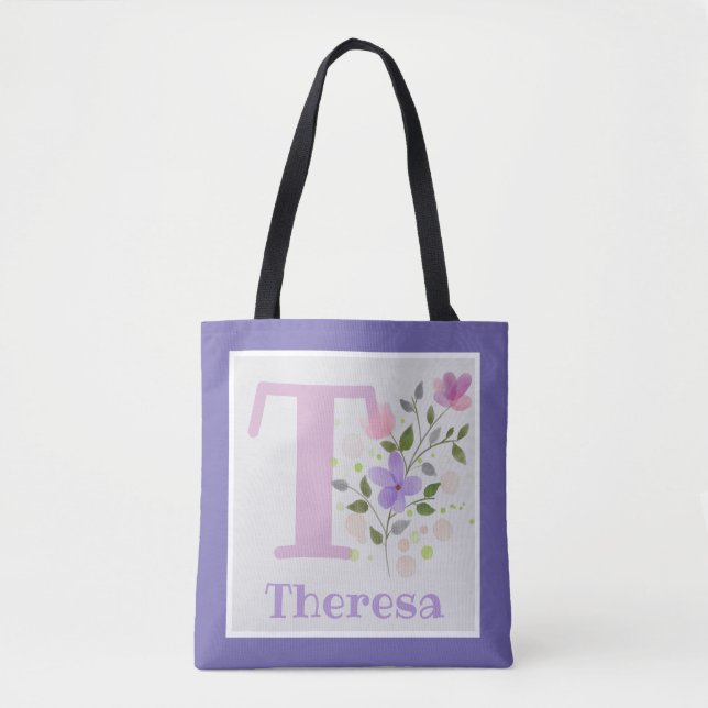 Monogram & Name Theresa with Flowers Tote Bag (Front)