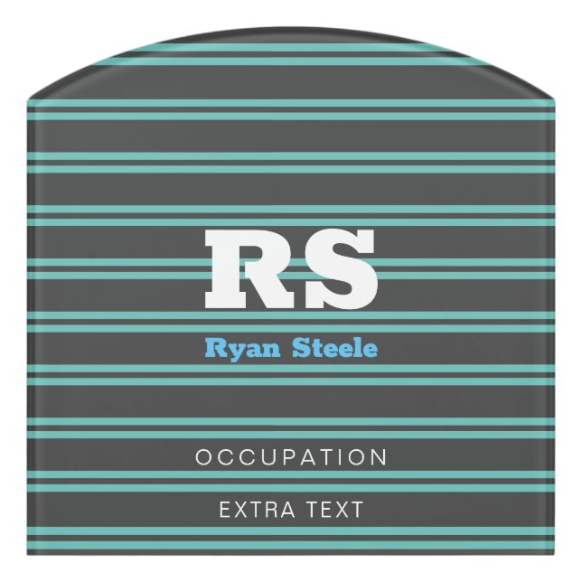 Monogram, Name & Title, Lt. Teal Lines, Dark Grey Door Sign (Contour Front)