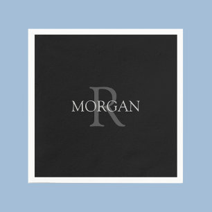 Monogram & Name, Trendy Black with Grey Text Napkins