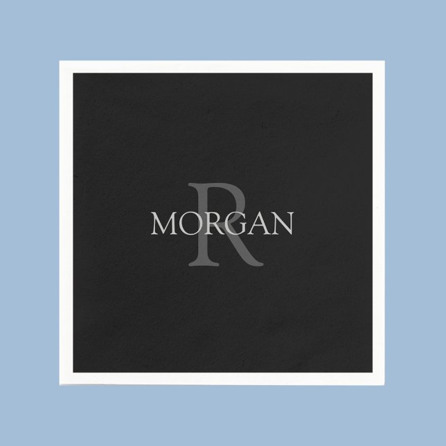 Monogram & Name, Trendy Black with Grey Text Napkins (Creator Uploaded)
