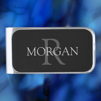 Monogram & Name, Trendy Black with Grey Text Silver Finish Money Clip