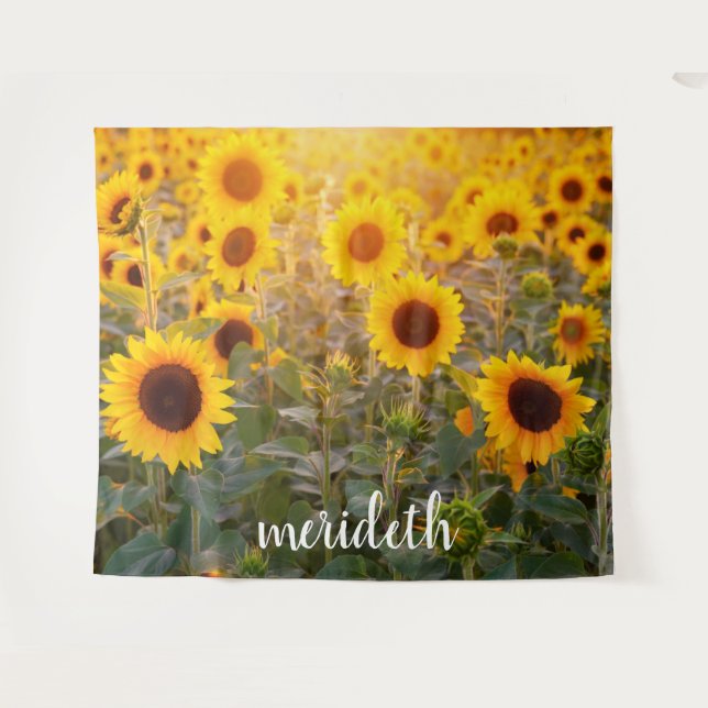 Monogram Name Trendy Field of Yellow Sunflowers Tapestry (Front (Horizontal))