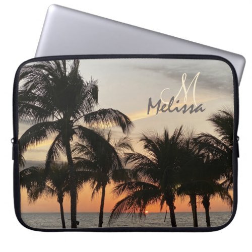 Monogram Name Trendy Florida Sunset Palm Ocean Laptop Sleeve