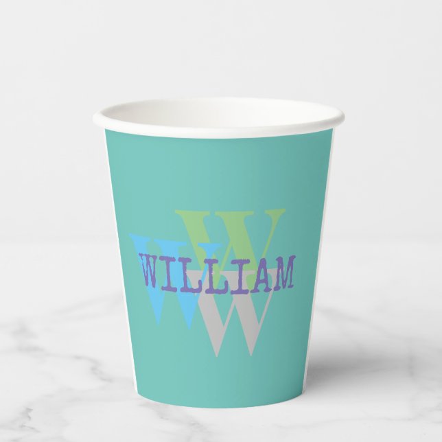 monogram name trendy minimal blue gray Paper cup (Front)