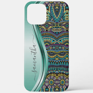 Monogram Name Tribal Teal Pattern iPhone 12 Pro Max Case