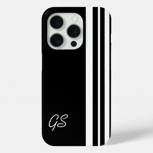 Monogram name Trio Stripes White on black iPhone 15 Pro Case