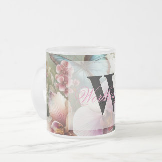 Monogram name Tropical flowers leaves watercolor Frosted Glass Coffee Mug