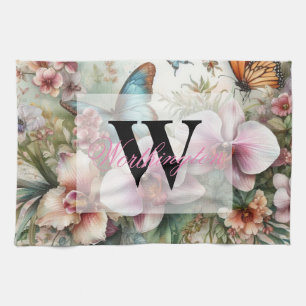 Monogram name Tropical flowers leaves watercolor  Kitchen Towel