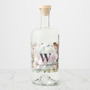 Monogram name Tropical flowers leaves watercolor Liquor Bottle Label