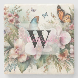 Monogram name Tropical flowers leaves watercolor  Stone Coaster