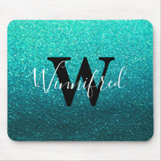 Monogram Name Turquoise Ombre Glitter Sparkles Mouse Pad