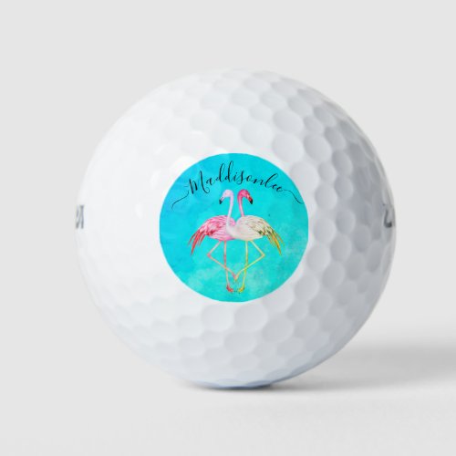 Monogram Name Two Pink Flamingos  Golf Balls