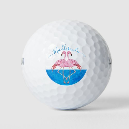 Monogram Name Two Pink Flamingos  Golf Balls