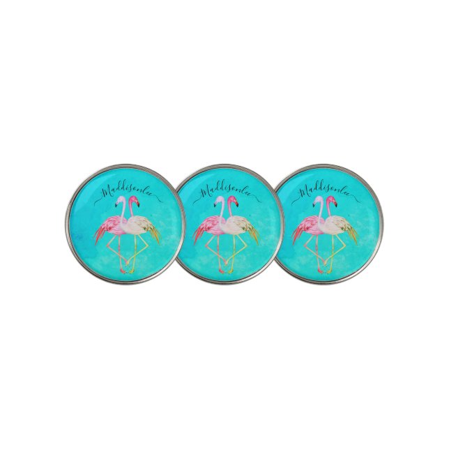 Monogram Name Two Pink Flamingos  Golf Balls Ball Marker (3 Up)