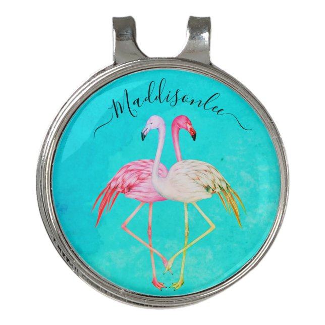 Monogram Name Two Pink Flamingos   Golf Hat Clip (Front)
