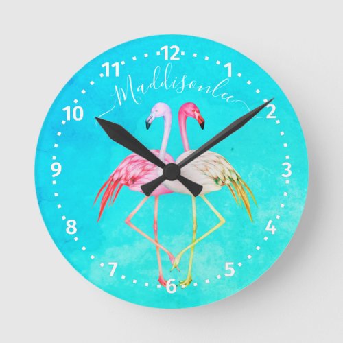 Monogram Name Two Pink Flamingos  Round Clock