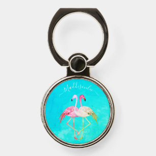 Monogram Name Two Pink Flamingos  Round Clock Phone Ring Stand