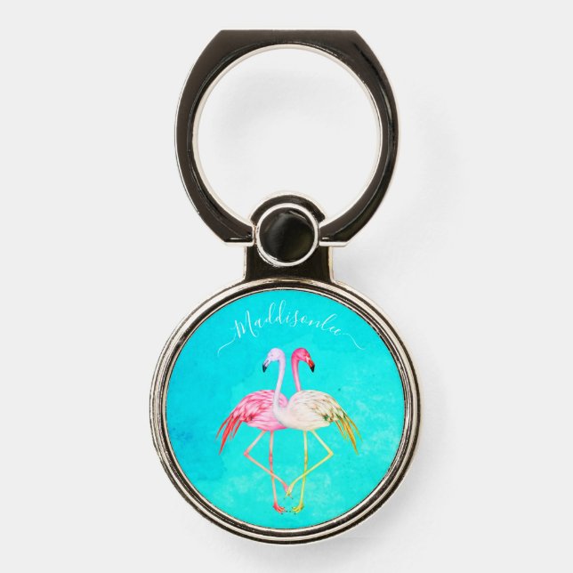 Monogram Name Two Pink Flamingos  Round Clock Phone Ring Stand (Front)