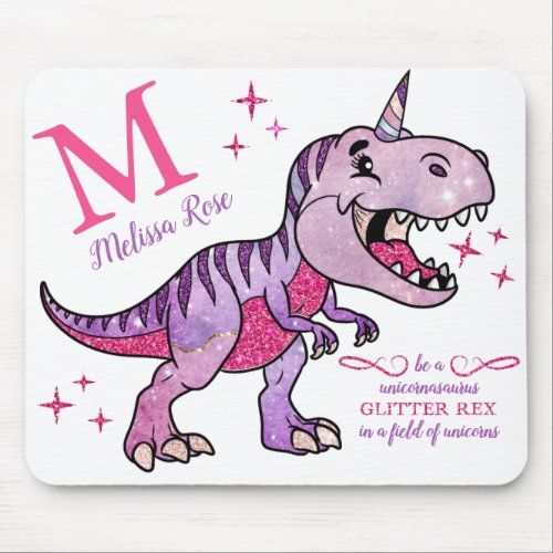 Monogram Name Unicornasaurus Pink Glitter Rex Mouse Pad