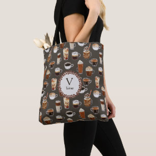 Monogram Name Venti Coffee Lover Brown Tote Bag
