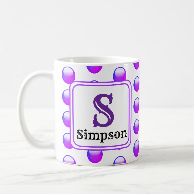 Monogram Name Vibrant Purple Polka Dot Initial Coffee Mug (Left)