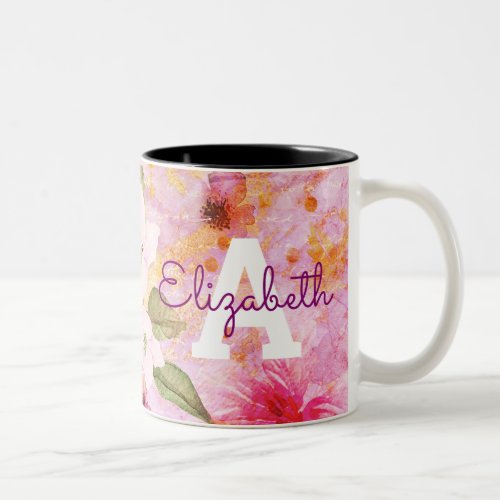 Monogram name vintage gold pink floral watercolor  Two_Tone coffee mug