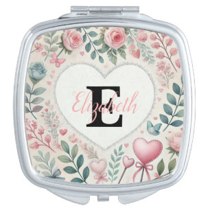 Monogram name Vintage hearts floral watercolor Compact Mirror