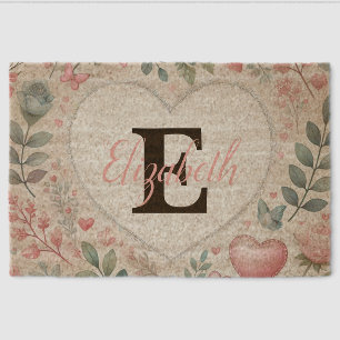 Monogram name Vintage hearts floral watercolor Fiber Doormat
